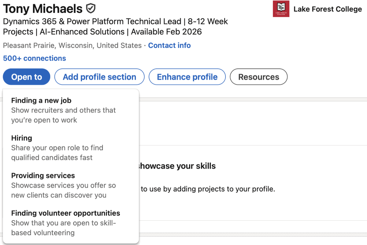 LinkedIn profile with Open to Work dropdown menu