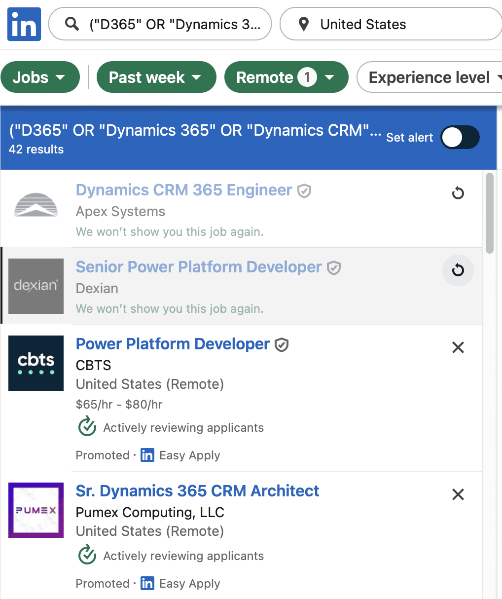 Job listing with X dismiss button highlighted, showing grayed-out applied job